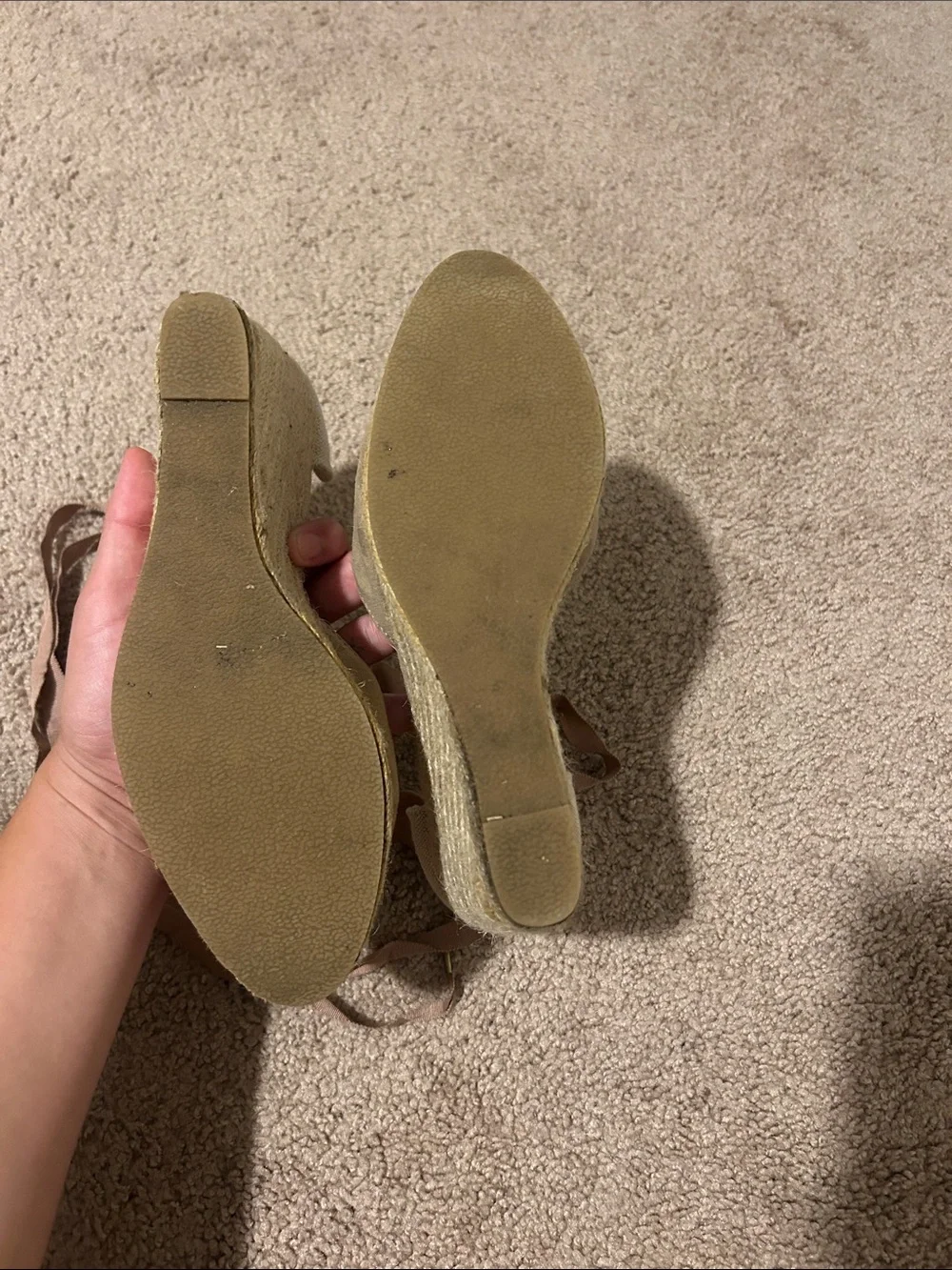 JustFab Taupe and Cream Espadrille Wedge Sandals with Ankle Wrap